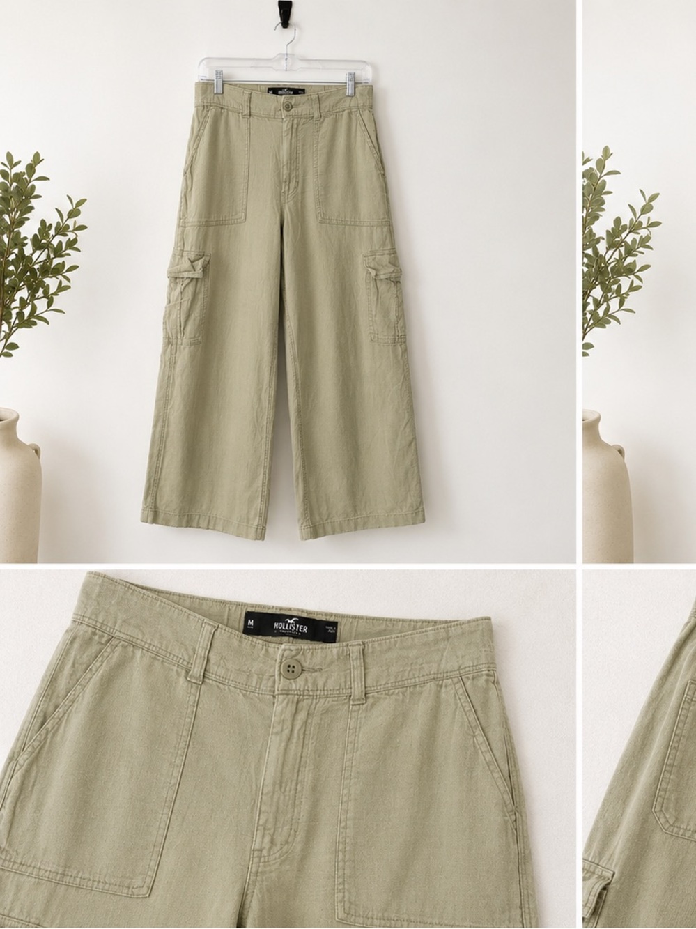 Hollister Women’s Cargo Wide-Leg Pants in Light Olive Linen Blend
